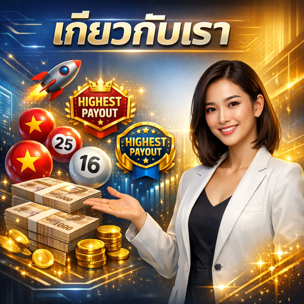 ภาพโปรโมทหวยเวียดนามออนไลน์ มีผู้หญิงสาวเอเชียสวยยิ้มแย้มแจ่มใสในชุดธุรกิจ กำลังนำเสนอข้อมูล พร้อมข้อความภาษาไทย "เกี่ยวกับเรา" มีองค์ประกอบของลูกหวยเวียดนาม ธนบัตรไทย สัญลักษณ์จรวด ลูกศรชี้ขึ้น และเหรียญทอง สื่อถึงศูนย์รวมหวยออนไลน์ที่จ่ายสูงสุด ออกแบบสไตล์ทันสมัยด้วยโทนสีน้ำเงิน ทอง และขาว