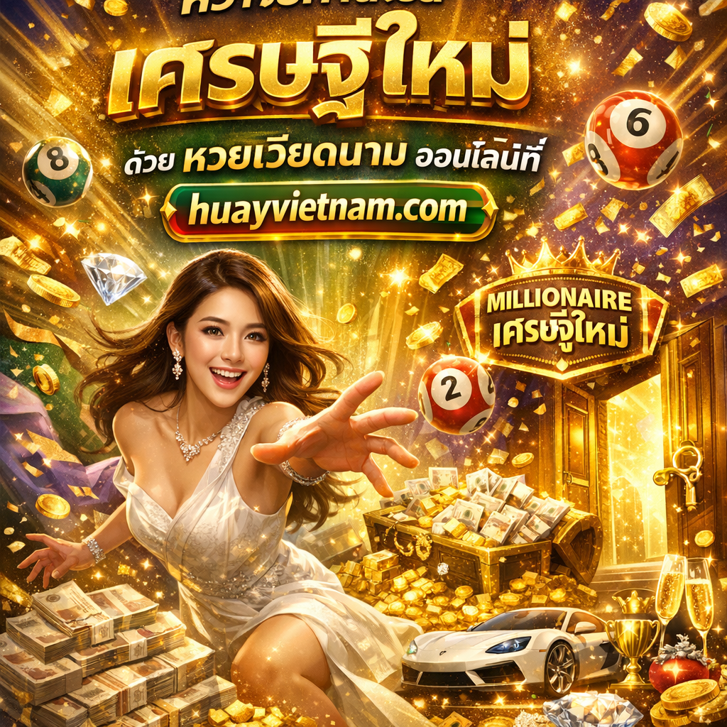 ภาพโปรโมทเชิญชวนคว้าโอกาสเป็นเศรษฐีใหม่ด้วยหวยเวียดนามออนไลน์ที่ huayvietnam.com มีผู้หญิงสาวเอเชียสวยแสดงอารมณ์ตื่นเต้นและมุ่งมั่น กำลังเอื้อมมือคว้าหรือโลดแล่นเข้าหาเงินและลูกหวยที่ล่องลอย แต่งกายหรูหราสง่างาม พร้อมข้อความภาษาไทย "คว้าโอกาสเป็น เศรษฐีใหม่" "ด้วย หวยเวียดนาม ออนไลน์ที่" และชื่อเว็บไซต์ "huayvietnam.com" โดดเด่น มีท่าทางมือกำลังคว้าโอกาส ลูกหวยเวียดนามเรืองแสง กองธนบัตรไทยจำนวนมหาศาล ทองคำและเหรียญตกลงมา หีบสมบัติล้นเงิน เพชรพลอย บ้านหรู รถสปอร์ตหรู กราฟลูกศรขาขึ้น ป้าย "เศรษฐีใหม่" เรืองแสง กุญแจทอง ประตูโชคลาภกำลังเปิด มงกุฎ แชมเปญฉลอง ถ้วยรางวัล ป้ายเว็บไซต์ huayvietnam.com และเอฟเฟกต์ประกายแสงสุกสว่าง สื่อถึงโอกาสเปลี่ยนชีวิตและความร่ำรวย ออกแบบด้วยโทนสีทอง เขียวมรกต ม่วงราชา และขาว มีแสงสว่างสีทองและบรรยากาศหรูหราสร้างแรงบันดาลใจ