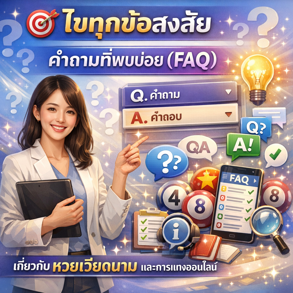 ภาพโปรโมทส่วนคำถามที่พบบ่อย (FAQ) เกี่ยวกับหวยเวียดนาม มีผู้หญิงสาวเอเชียสวยยิ้มแย้มเป็นมิตร แต่งกายสมาร์ทแคชชวล กำลังอธิบายหรือถือแท็บเล็ตในท่าทางพร้อมให้ความช่วยเหลือ พร้อมข้อความภาษาไทย "🎯 ไขทุกข้อสงสัย" "คำถามที่พบบ่อย (FAQ)" และ "เกี่ยวกับ หวยเวียดนาม และการแทงออนไลน์" มีสัญลักษณ์เป้าหมาย ไอคอนเครื่องหมายคำถามขนาดใหญ่ในกรอบพูด สัญลักษณ์ Q&A ส่วน FAQ แบบอคคอร์เดียน หลอดไฟแทนคำตอบ เครื่องหมายถูก ลูกหวยเวียดนาม แท็บเล็ตหรือสมาร์ทโฟนแสดงหน้า FAQ แว่นขยาย สัญลักษณ์ข้อมูล กรอบแชทคำถามและคำตอบ ไอคอนหนังสือหรือคู่มือ และประกายแสง สื่อถึงการให้ข้อมูลที่ชัดเจนและช่วยเหลือตอบทุกข้อสงสัย ออกแบบด้วยโทนสีฟ้าอ่อน ขาว ม่วง และทอง บรรยากาศเป็นมิตรและให้ความรู้